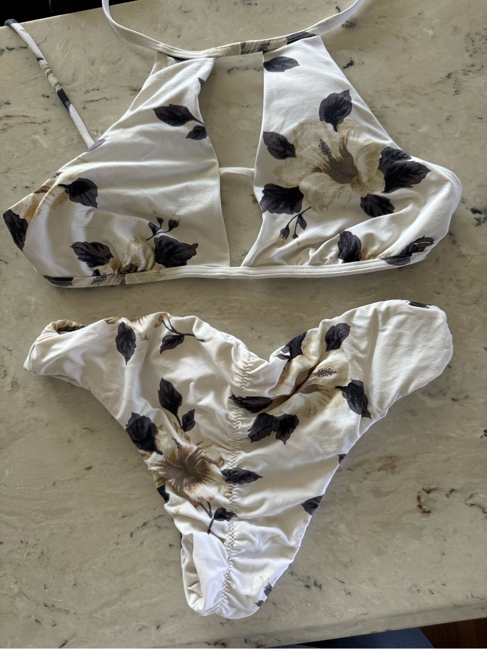 White Floral Triangle Bikini Set with Beige Accents